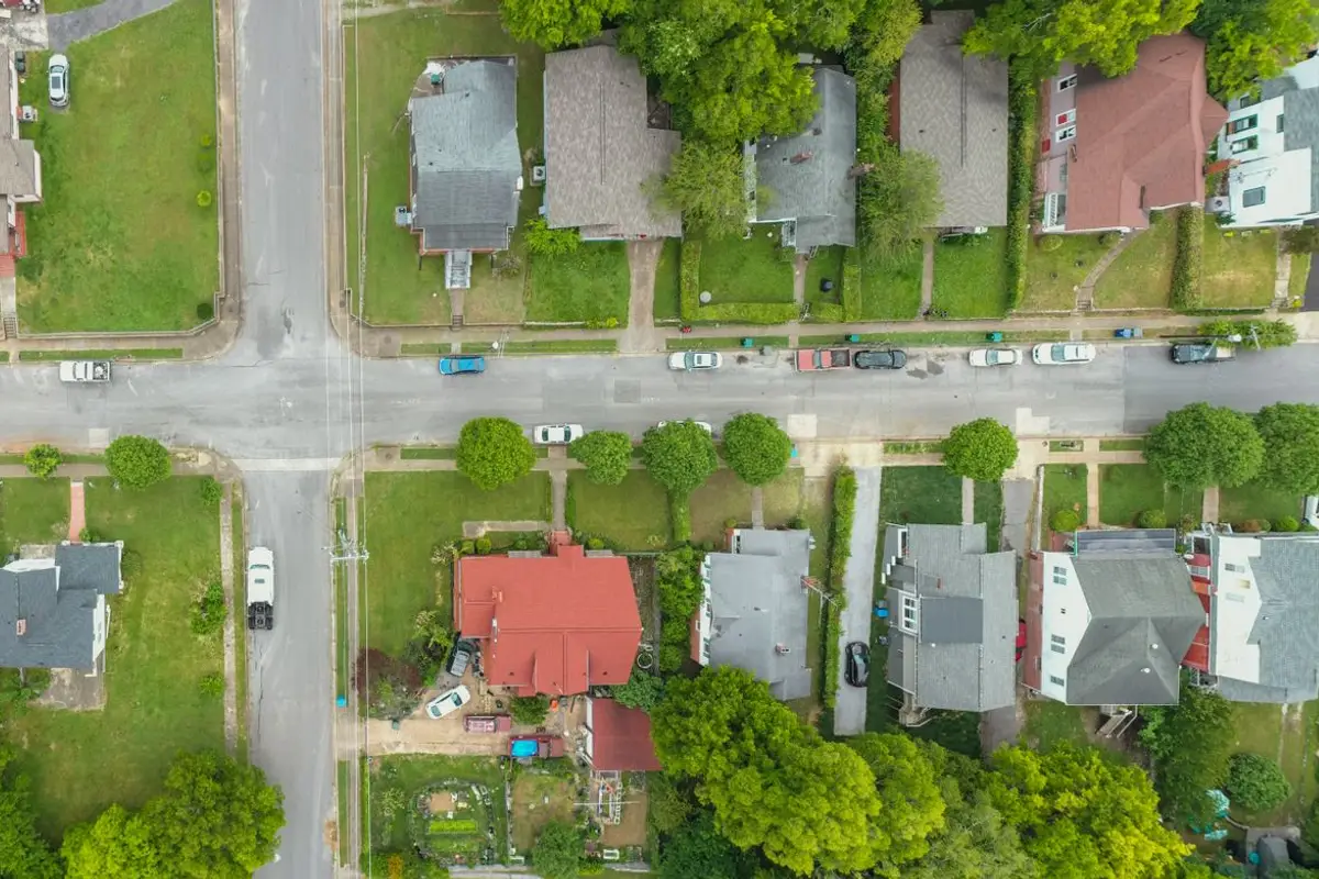 Aerial view of a residential neighborhood in Central Texas served by Dieguez Drywall Company